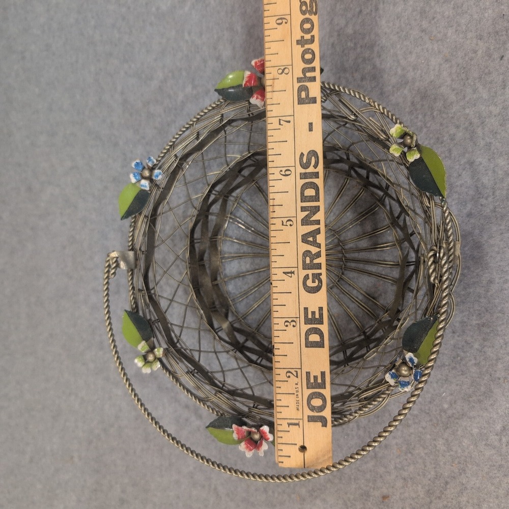 Vintage Silver Tone Woven Wire Basket with Enameled Flowers and Swing Handle - Picture 5 of 7